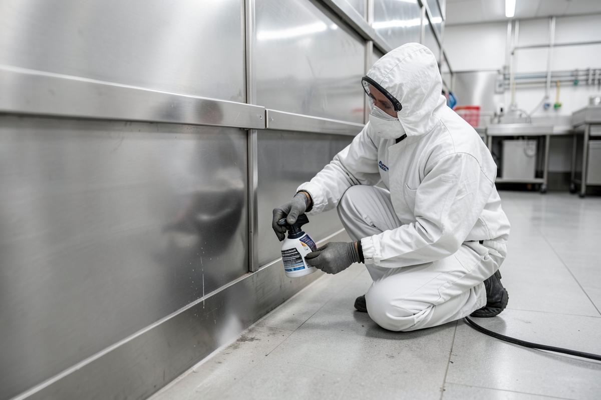 Imagem ilustrativa: técnico a aplicar tratamento de controlo de pragas numa cozinha industrial