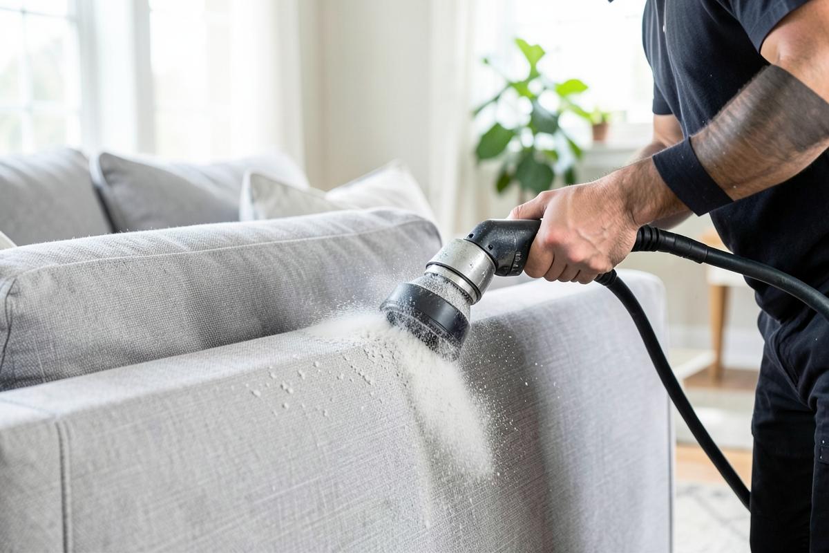 Imagem ilustrativa: higienização profissional de sofá com equipamento de extração